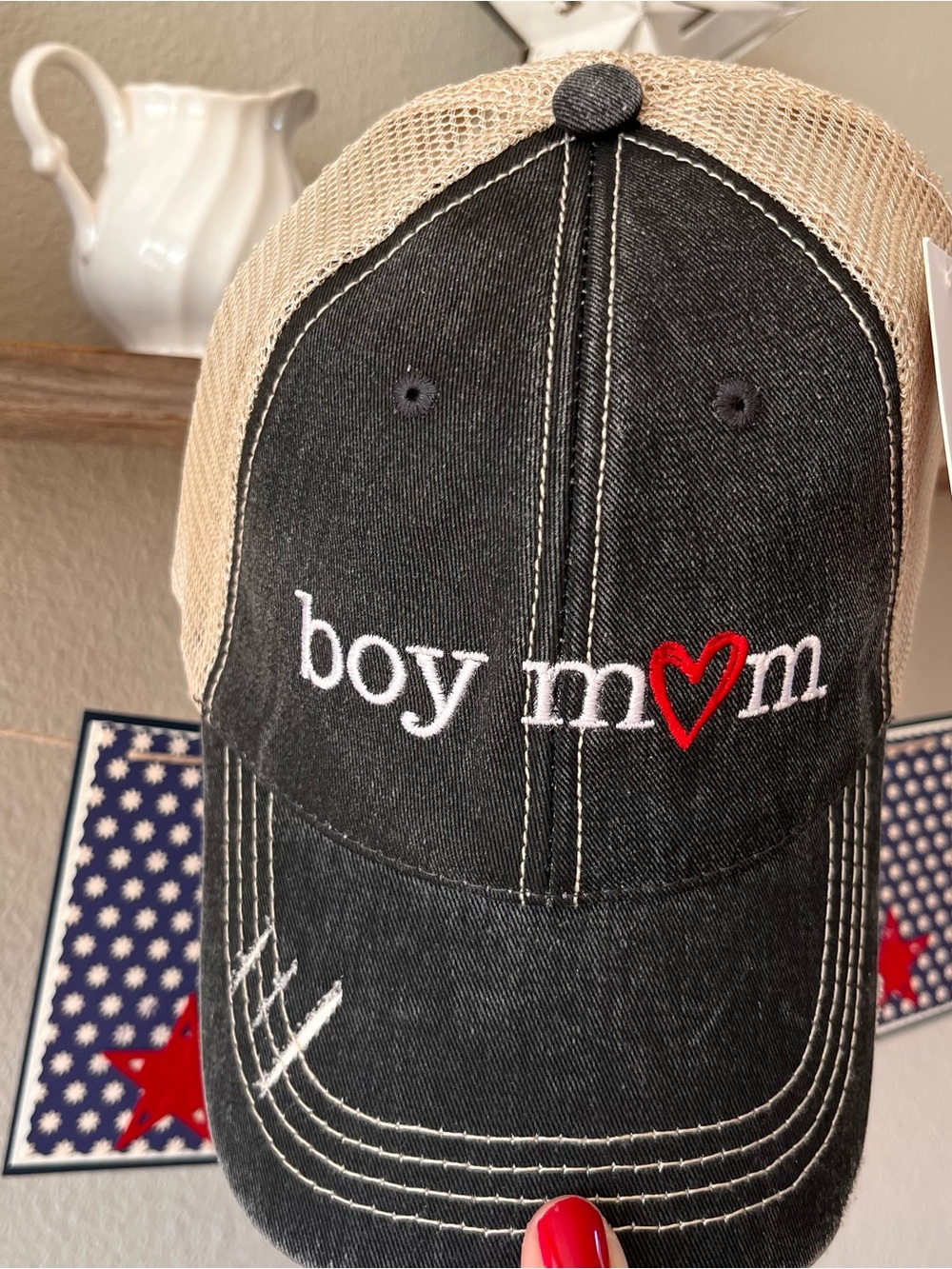 Black baseball distressed  Hat with Red Heart "boy mom" Embroidery